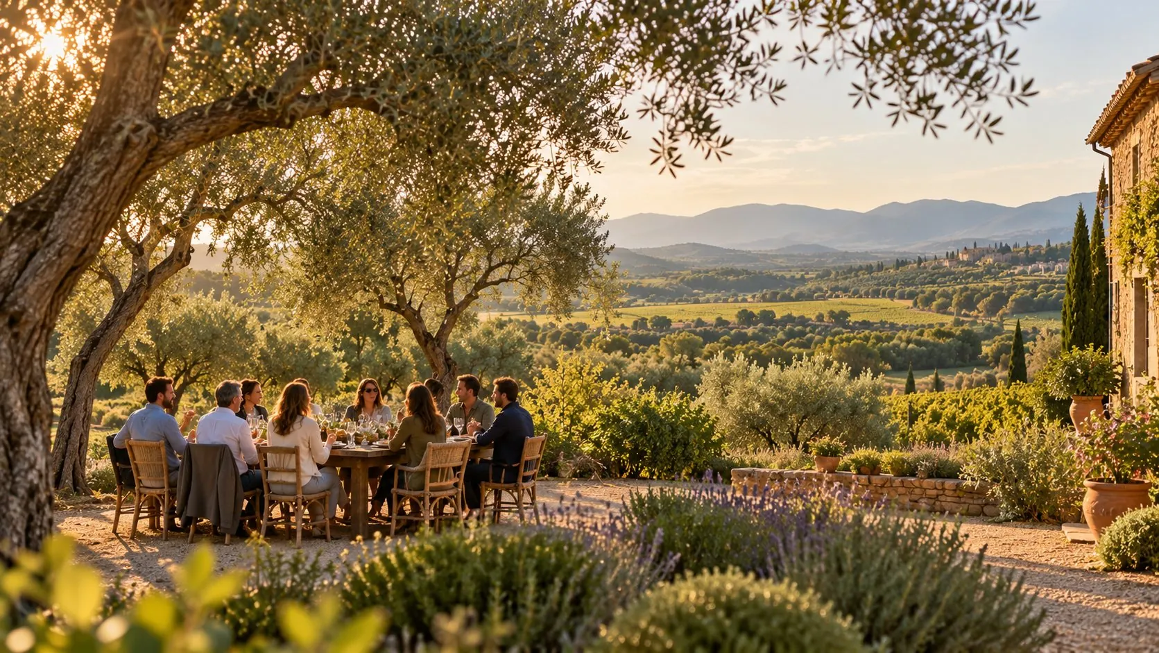 Equipo de empresa comiendo al aire libre bajo los olivos, con vistas al paisaje del Empordà al atardecer